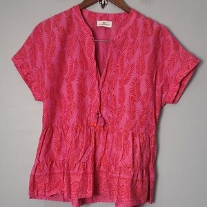 Vineyard Vines Pink Mandarin Collar Blouse with Tie Front